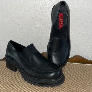 1990’s Y2K ESPRIT Montgomery Chunky Lugg Heel Leather Loafers Sz 7.5 Black